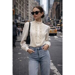 Style By Terry Chicago Vintage Victorian Lace Blouse Cream High Neck Ruffle Sz M